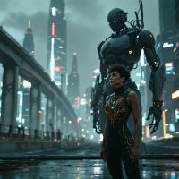 In a neon-lit cityscape, a woman stands with determination before a towering robot, embodying the tension between human aspiration and the world's silence, echoing the essence of absurdity.