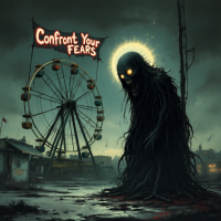 A dark, eerie figure stands in an abandoned carnival, illuminated by haunting yellow eyes, with the words Confront Your Fears overhead, embodying the essence of facing one's fears.