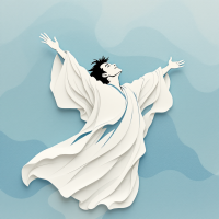 An illustrated figure in a flowing white garment stands with arms outstretched, embodying a sense of freedom and vitality against a soft blue background.