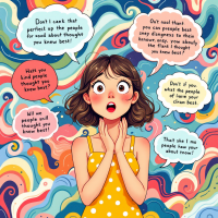 A surprised girl in a yellow dress gasps with wide eyes, surrounded by colorful swirls and quote bubbles reflecting on how well we know the people in our lives.