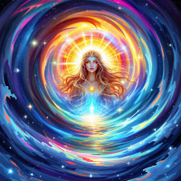 A radiant figure emerges from swirling waves of vibrant colors, embodying the infinite possibilities of the universe and the power of imagination.