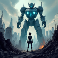 A towering robot looms over a solitary figure in a desolate cityscape, embodying the theme of transformation and self-perception from the quote, You are what you think you are.