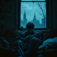 A figure sits on a worn sofa, absorbed in a cup in hand. The room is dimly lit, and through a window, the silhouette of the Empire State Building looms against a twilight sky.