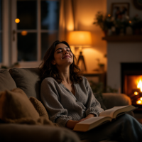 A woman sits comfortably on a couch, smiling gently as she reads a book, illuminated by warm, cozy light from a nearby fireplace, capturing a moment of personal joy and reflection.