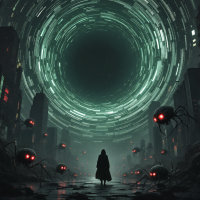 A shadowed figure stands amid dark, foggy ruins as glowing red-eyed mechanical creatures swarm under a swirling, luminous vortex above, evoking predatory infovores and lurking secrets.