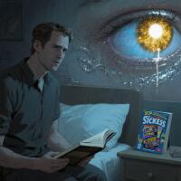 A man reads in bed as a glowing golden-white spot, representing SCP-4987, hovers near his eye. A trivia book titled SCP of Sickness sits on the nightstand nearby.