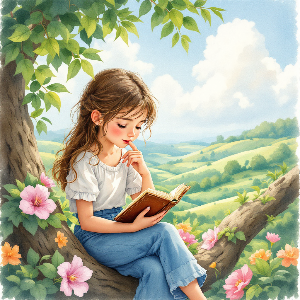 A girl sits on a tree branch, engrossed in a book, surrounded by vibrant flowers and lush green hills under a bright sky, embodying the essence of quality over quantity in pleasure.