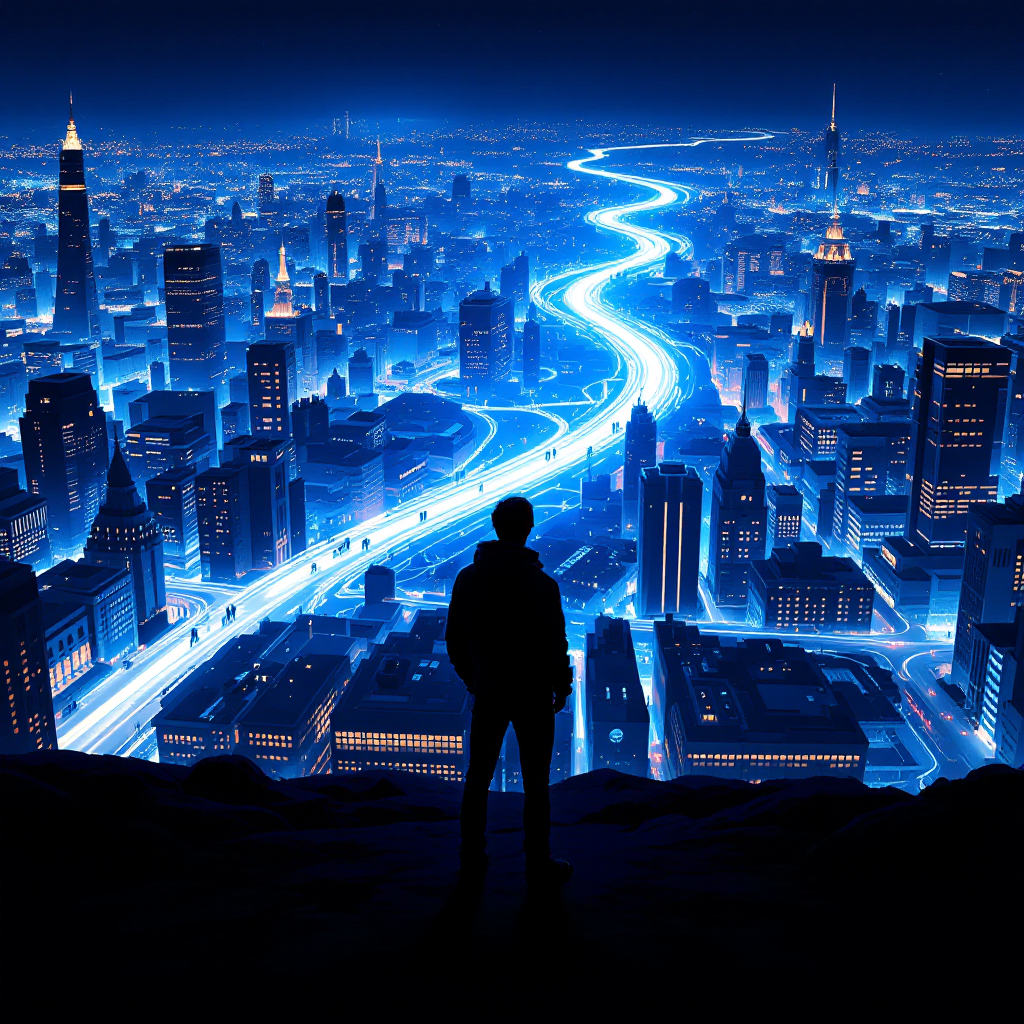 A silhouetted figure stands on a cliff overlooking a vibrant, illuminated cityscape at night, with a winding river of light reflecting the idea of constant choices and paths in life.