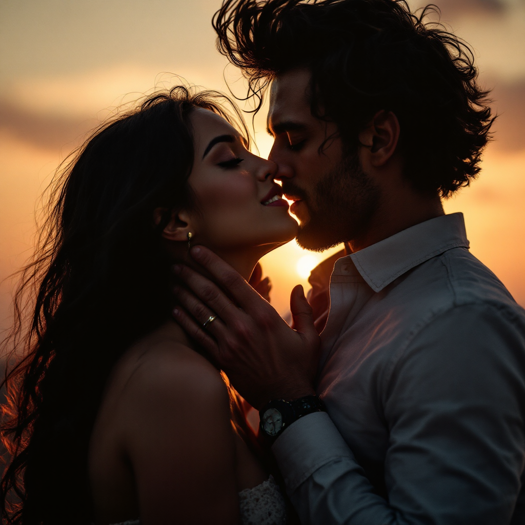 A couple embraces thoughtfully against a sunset backdrop, their faces close, capturing the evolving beauty of love over time, as referenced in the quote.