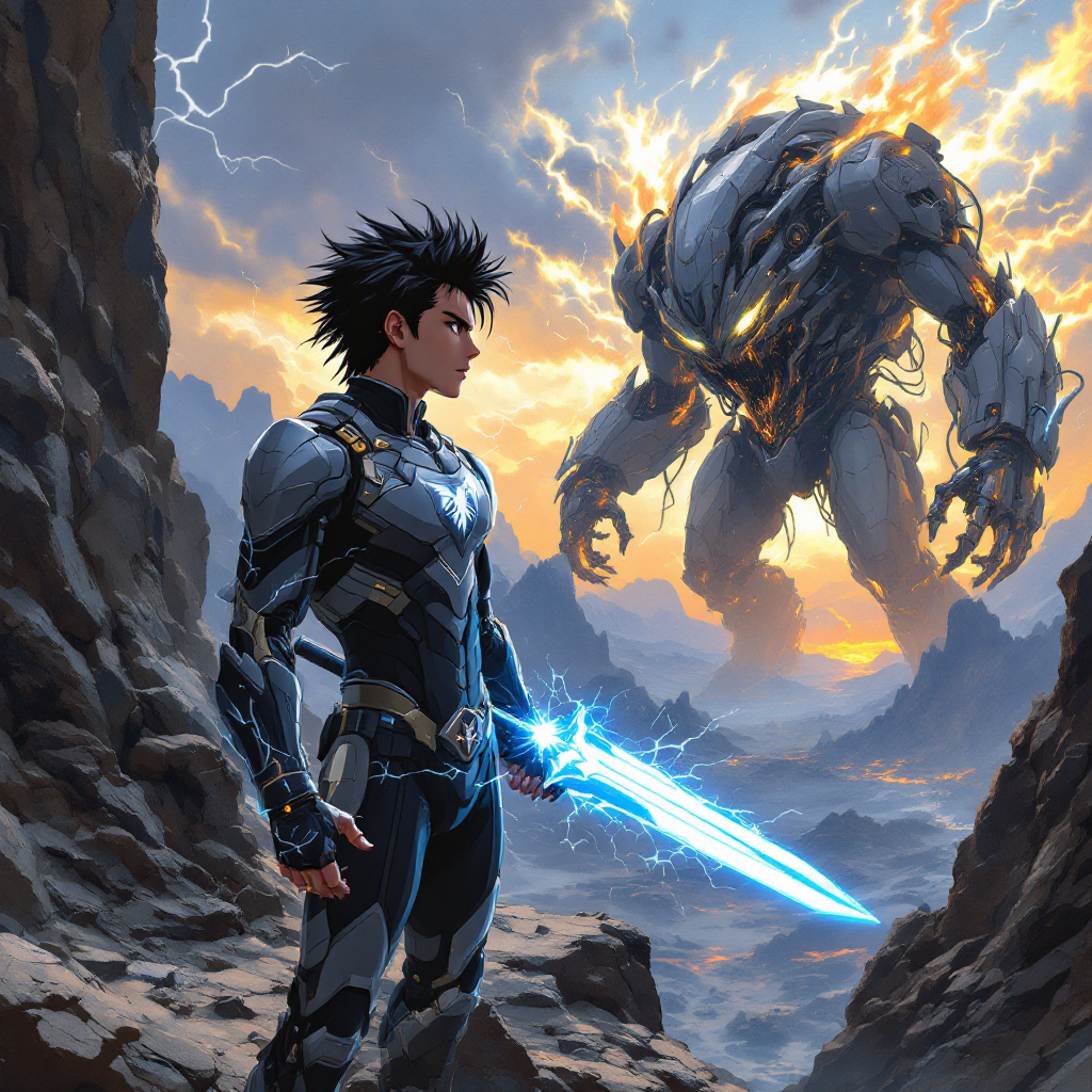 A lone warrior, wielding a glowing sword, stands defiantly against a towering, stormy figure in a dramatic landscape, embodying the quote, He who is afraid of death, is afraid of life.