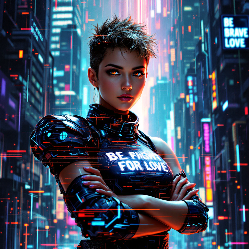 A fierce, futuristic woman stands confidently in a vibrant, neon-lit cityscape, wearing armor with the words BE BRAVE FOR LOVE, embodying strength and the spirit of fighting for one's passions.