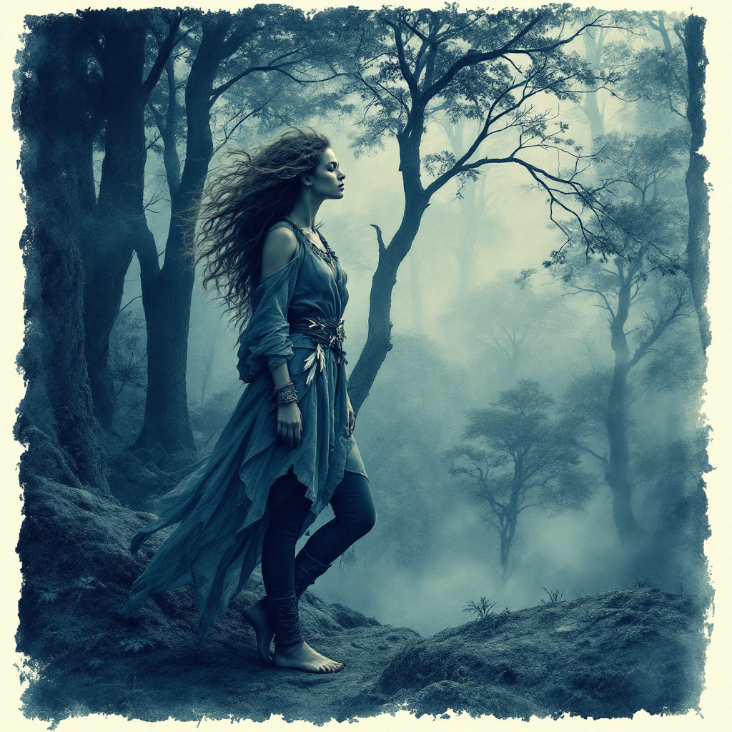 A figure dressed in flowing garments stands amidst a misty forest, hair billowing in the wind, embodying the wild spirit that whispers truths against the silence of the world.