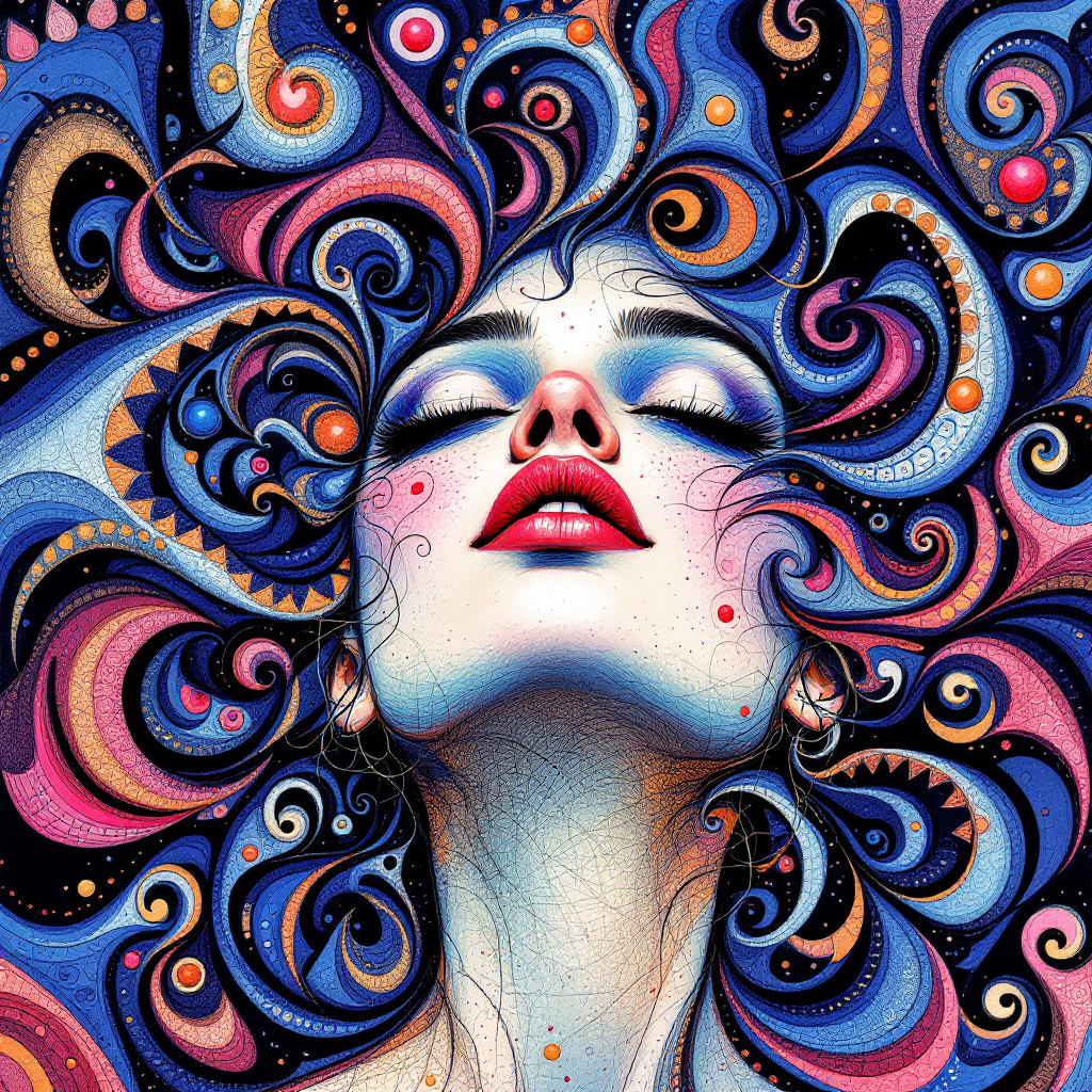 A vibrant illustration of a woman with flowing, colorful hair, her eyes closed and lips slightly parted, conveying the intensity and peril of love, as suggested by the quote.