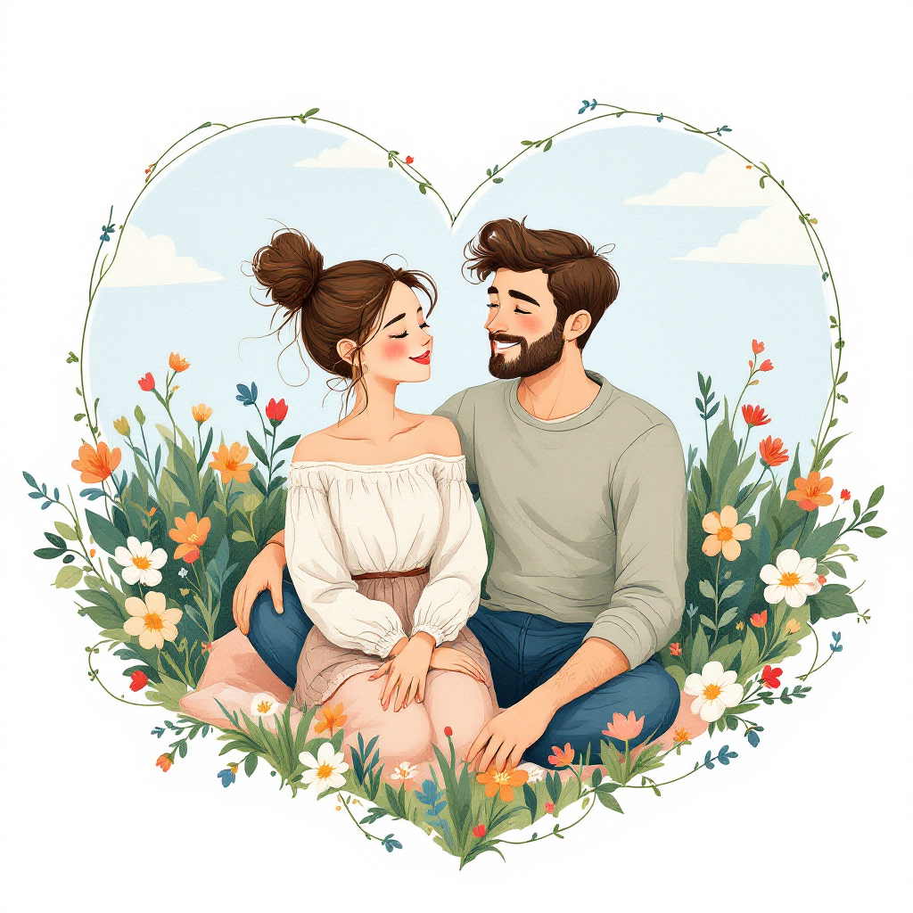 A couple sits together in a heart-shaped floral frame, smiling at each other, embodying the joy of love as expressed in the quote, There is no greater happiness than to have somebody to love.