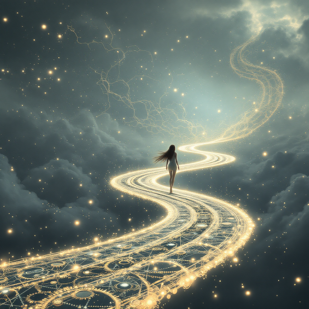 A figure walks along a glowing, winding path through a mystical landscape of clouds and stars, embodying the journey shaped by those who came before.