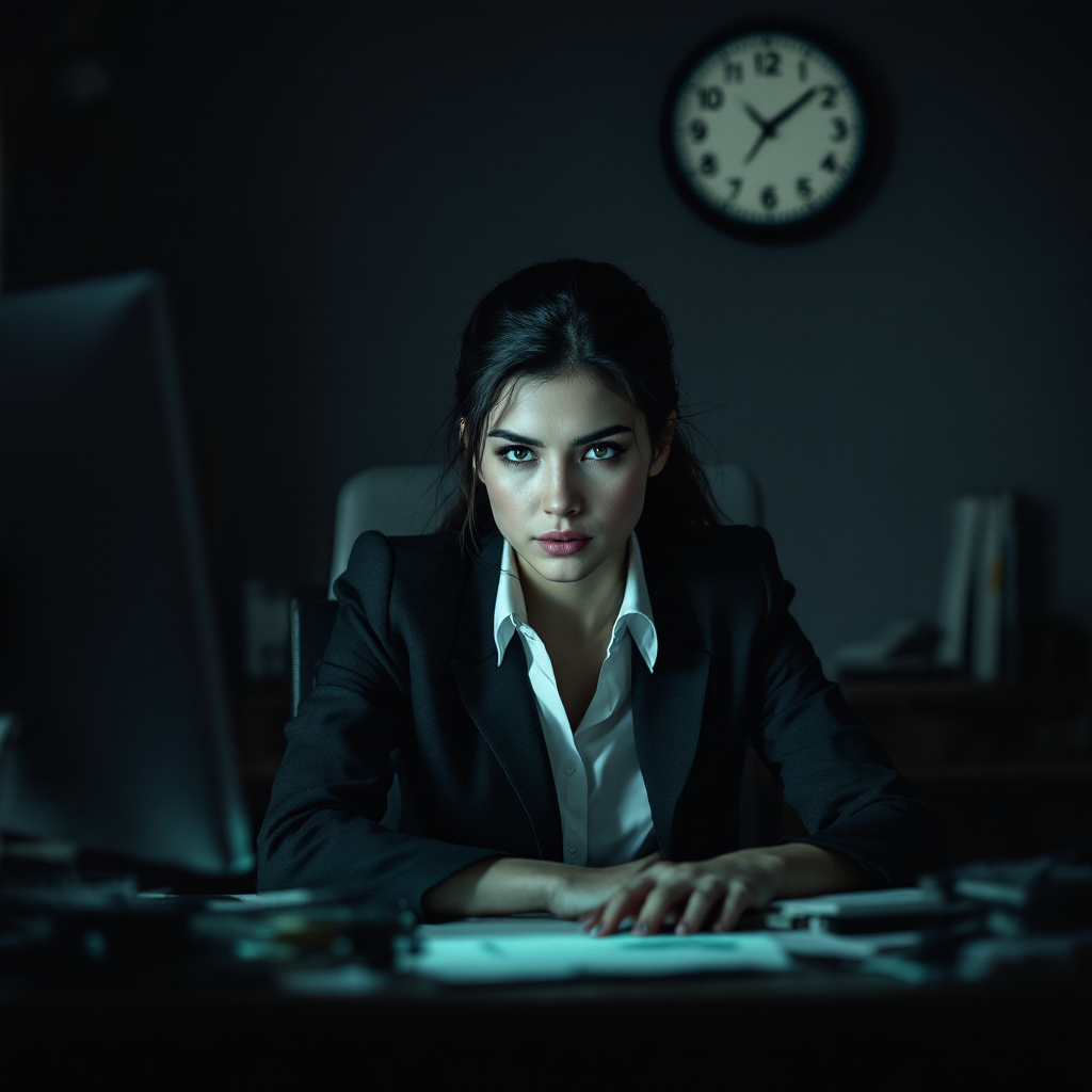 A focused woman in a suit sits at a desk in a dimly lit office, with a clock on the wall, embodying determination and intensity, reflecting the quote about working better under pressure.