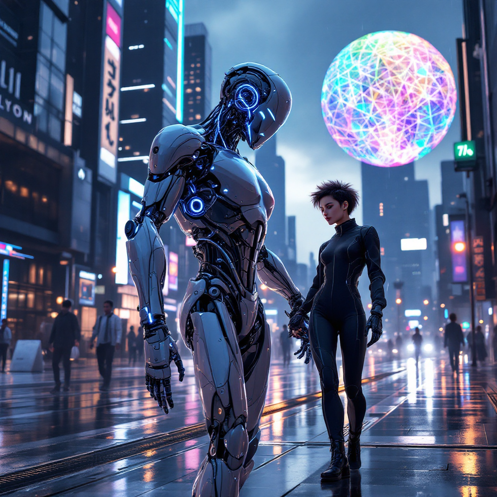 A humanoid robot and a woman stand hand in hand in a vibrant urban setting, illuminated by colorful lights and a large glowing orb, embodying the interconnectedness of their stories.