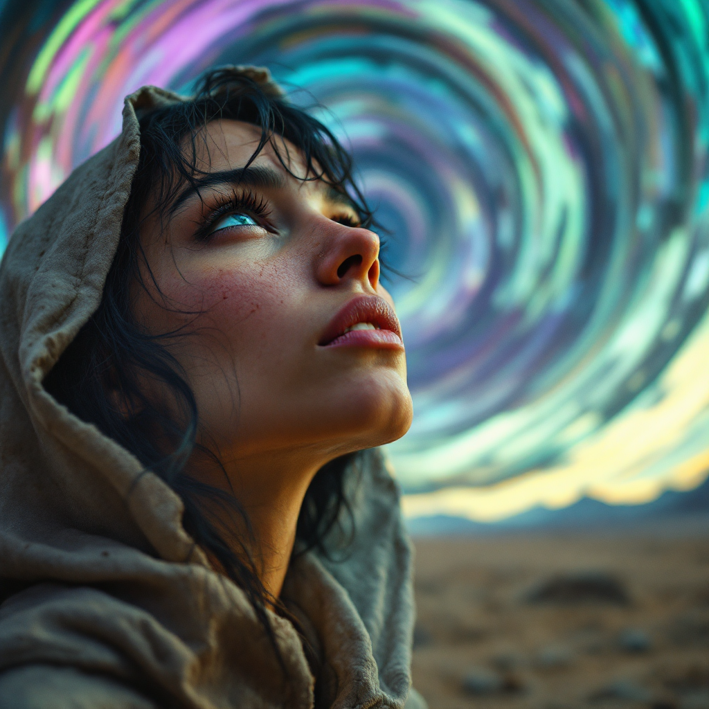 A contemplative figure in a hood gazes upwards, surrounded by a swirling, colorful sky, embodying the essence of feeling like a stranger in a strange land.