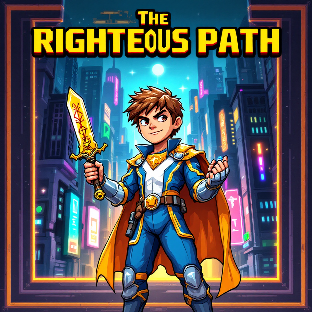 A confident young hero in a vibrant, futuristic city holds a sword, embodying the essence of making the right choices in the right place with the right people. The title reads The Righteous Path.