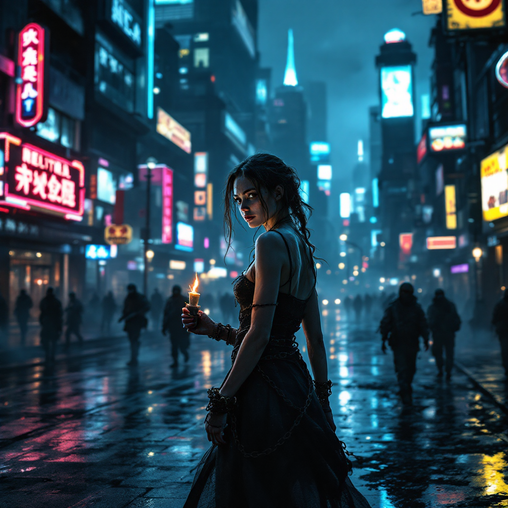 A mysterious figure stands in a neon-lit city street, reflecting on hope and redemption amidst shadows, embodying the contrast of light and darkness in a moody urban landscape.