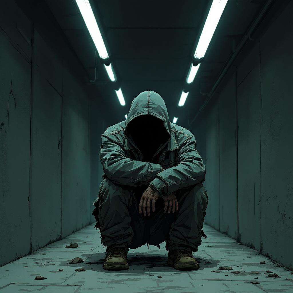 A hooded figure sits in a dimly lit corridor, embodying a sense of paranoia and unease, reflecting the quote about being paranoid for a reason. Darkness surrounds the solitary scene.