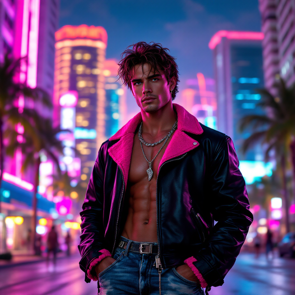 A muscular figure stands confidently in a vibrant city scene, clad in a black leather jacket with a pink collar, embodying the complex nature of being neither a monster nor a hero.