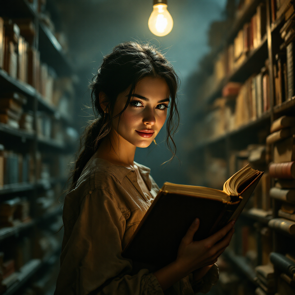 A young woman stands in a dimly lit library, holding an open book, with shelves filled with books surrounding her. A single light bulb illuminates her confident expression.