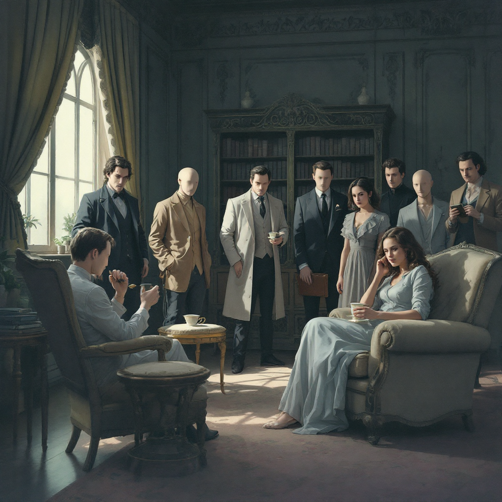 A group of ten people stands in a dimly lit room, expressive and tense, with one figure seated, suggesting an atmosphere of hidden secrets and unease, echoing the quote about hidden truths.