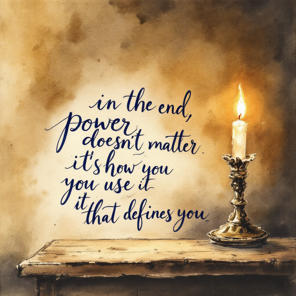 A softly lit candle sits atop a wooden table, illuminating elegant handwritten text: In the end, power doesn’t matter. It’s how you use it that defines you. The background is warm and textured.