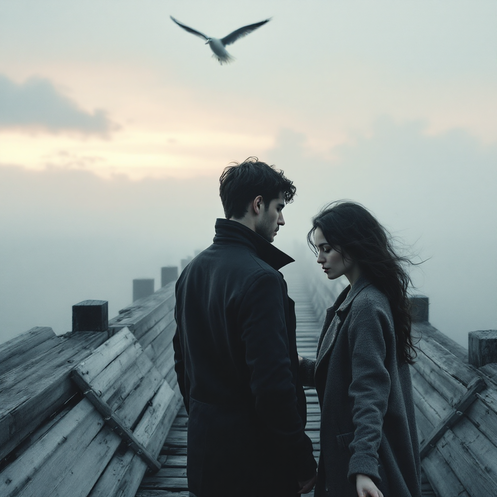 A couple stands on a misty dock, gazing into each other's eyes, while a bird soars above them, capturing the essence of a relationship amid the pain of separation.