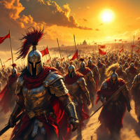 A group of armored warriors marches confidently into battle under a dramatic sunset, embodying the quote about divine belief in their cause against the enemy.