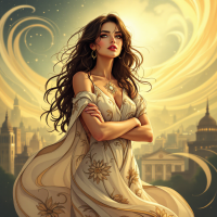 An elegant woman with long, flowing hair stands confidently, enveloped in a golden aura, embodying the essence of daily choices related to heroism amid a scenic backdrop.