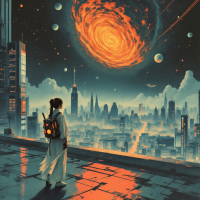 A figure in a white robe stands on a rooftop, gazing at a swirling orange galaxy above a futuristic city, embodying the quote about choosing one's response to the future.