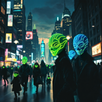 A bustling city scene features figures in dark coats wearing glowing, abstract masks, embodying the concept of societal masks and selective self-revelation amidst vibrant neon lights.