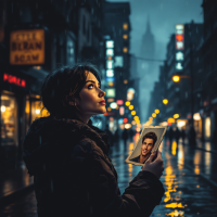 A woman stands alone in a rainy, dimly lit city street, gazing at a framed photo of a man, embracing memories of love and loss in a moment of reflection.