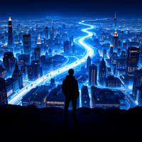 A silhouetted figure stands on a cliff overlooking a vibrant, illuminated cityscape at night, with a winding river of light reflecting the idea of constant choices and paths in life.