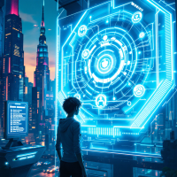 A figure stands before a glowing, intricate digital interface, surrounded by a futuristic cityscape at dusk, illustrating the theme of choices and their consequences.