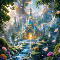 A dazzling castle stands amidst vibrant flowers and a serene waterfall, surrounded by magical forests and ethereal swirls, embodying the quote about magic and renewal.