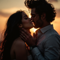 A couple embraces thoughtfully against a sunset backdrop, their faces close, capturing the evolving beauty of love over time, as referenced in the quote.