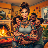 A loving family embraces each other in a cozy, colorful room, symbolizing the courage found in familial love. The warmth of their bond radiates against a backdrop of a glowing fireplace.