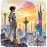 A figure stands atop a rocky outcrop, gazing at a futuristic cityscape bathed in vibrant sunset hues, with soaring skyscrapers and planets visible in the sky, embodying the passage of time and choice.