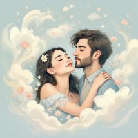 A romantic illustration of a couple embracing amidst soft clouds and flowers, embodying the quote, El amor es la fuerza más poderosa que pueden experimentar los seres humanos.