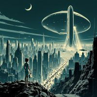 A figure stands on a rocky precipice overlooking a sprawling, chaotic city illuminated by a massive UFO, embodying the hope for change amidst deepening turmoil.