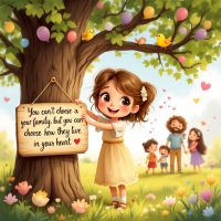 A cheerful girl stands by a tree, holding a sign with the quote, You can’t choose your family, but you can choose how they live in your heart, surrounded by blooming flowers and a loving family.