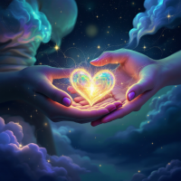 Two hands cradle a glowing, heart-shaped light amidst a starry sky, symbolizing the dual nature of secrets in a marriage—binding yet potentially suffocating.