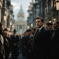 A poised man stands in the foreground of a somber gathering, flanked by an attentive crowd, embodying the essence of leadership as he points the way forward amidst a monumental backdrop.