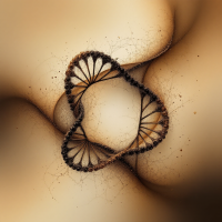 Abstract digital art featuring intertwined DNA strands against a warm, gradient background, symbolizing the interconnectedness of all humanity.