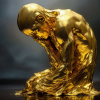 A golden figure hunched forward, embodying introspection and vulnerability, reflects the theme of self-defeating morality in a complex, transformative world.