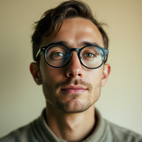 A young man with glasses gazes thoughtfully at the camera, embodying the idea that science and religion can coexist as insights evolve and deepen over time.