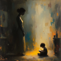 A mother stands silently, watching her child sit on the ground, absorbed in a book. Soft light illuminates the child, emphasizing their bond and the weight of parental dedication.